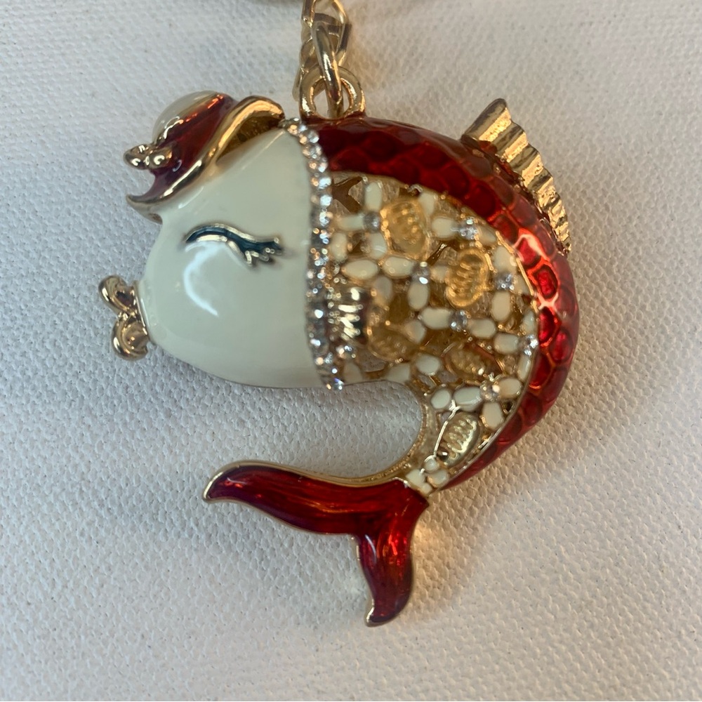 Red Rhinestone Fish Bag Charm Keychain Gold-Tone Koi Purse Accessory Gift 4.5"